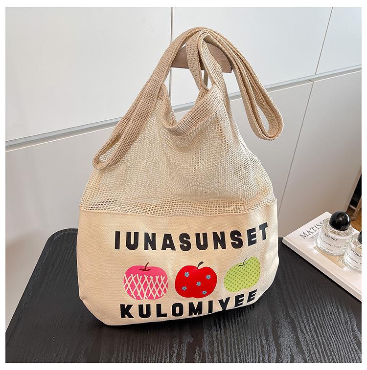 Neue bedruckte Netzstofftasche mit Stoffeinsätzen, frische und vielseitige Mädchen-Schultertasche, modische Einkaufstasche mit großem Fassungsvermögen