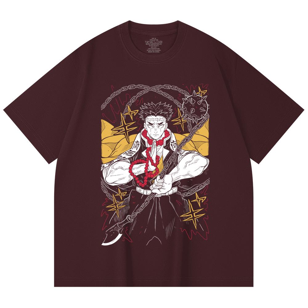 

230 Gsm 100% Cotton Demon Slayer V11 Gyomei Print Unisex Heavy Cotton T Shirt 2XL вина червоного кольору