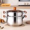 Beech Wood Handle Cookware Set: 5PC Stainless Steel Pot Set with Milk Pot, Double-Ear Soup Steamer, and Gift-Ready Packaging.