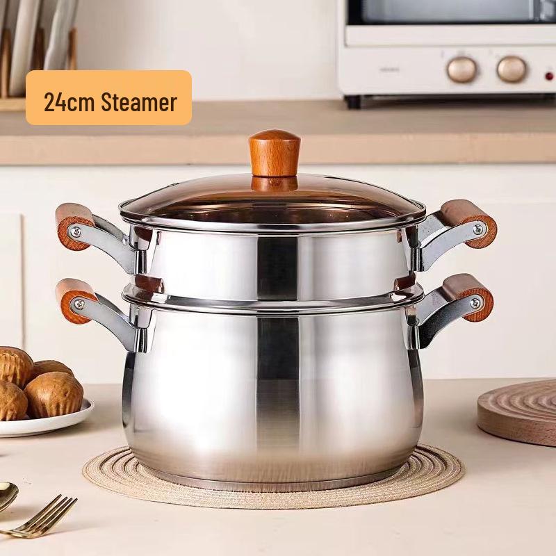 Beech Wood Handle Cookware Set: 5PC Stainless Steel Pot Set with Milk Pot, Double-Ear Soup Steamer, and Gift-Ready Packaging.