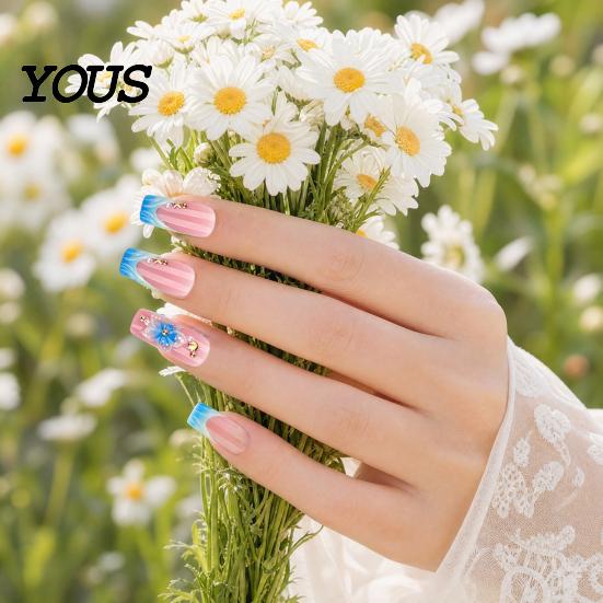Travel Friendly Nails 24Pcs Summer Ocean Press on Nails, French Tip Flower Faux Pearl Stick-on Fake Blue Tips Salon Quality Long Glue False for Women