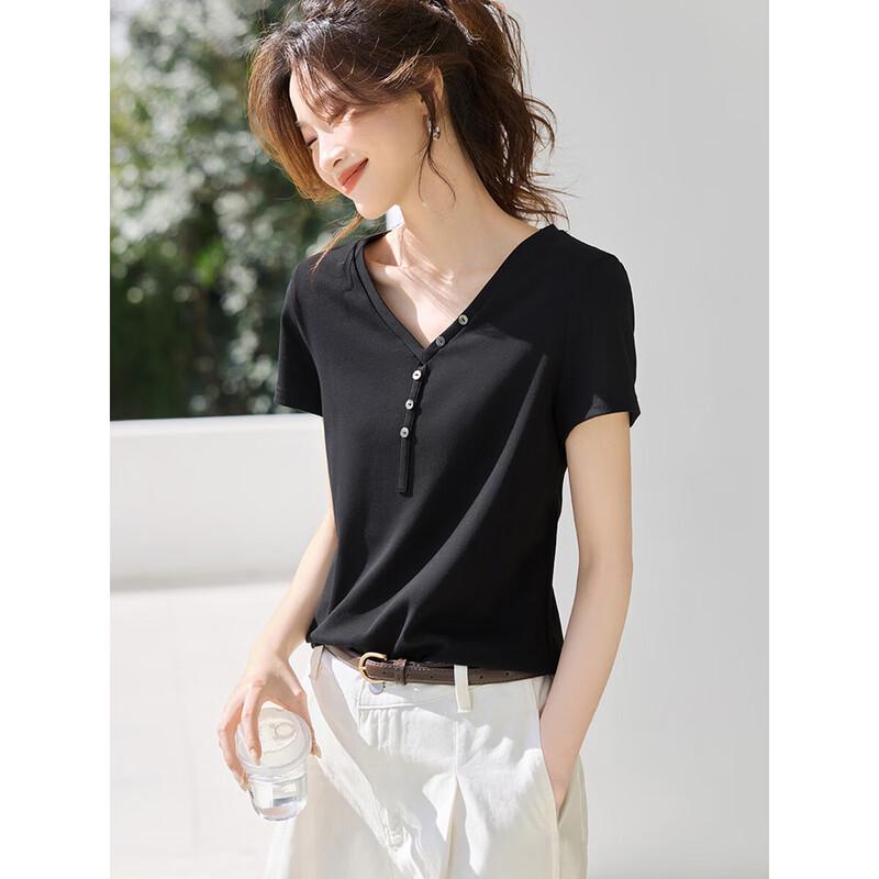 Mohan Yimei Women's V-Neck Short Sleeve Button-Detail Shirt