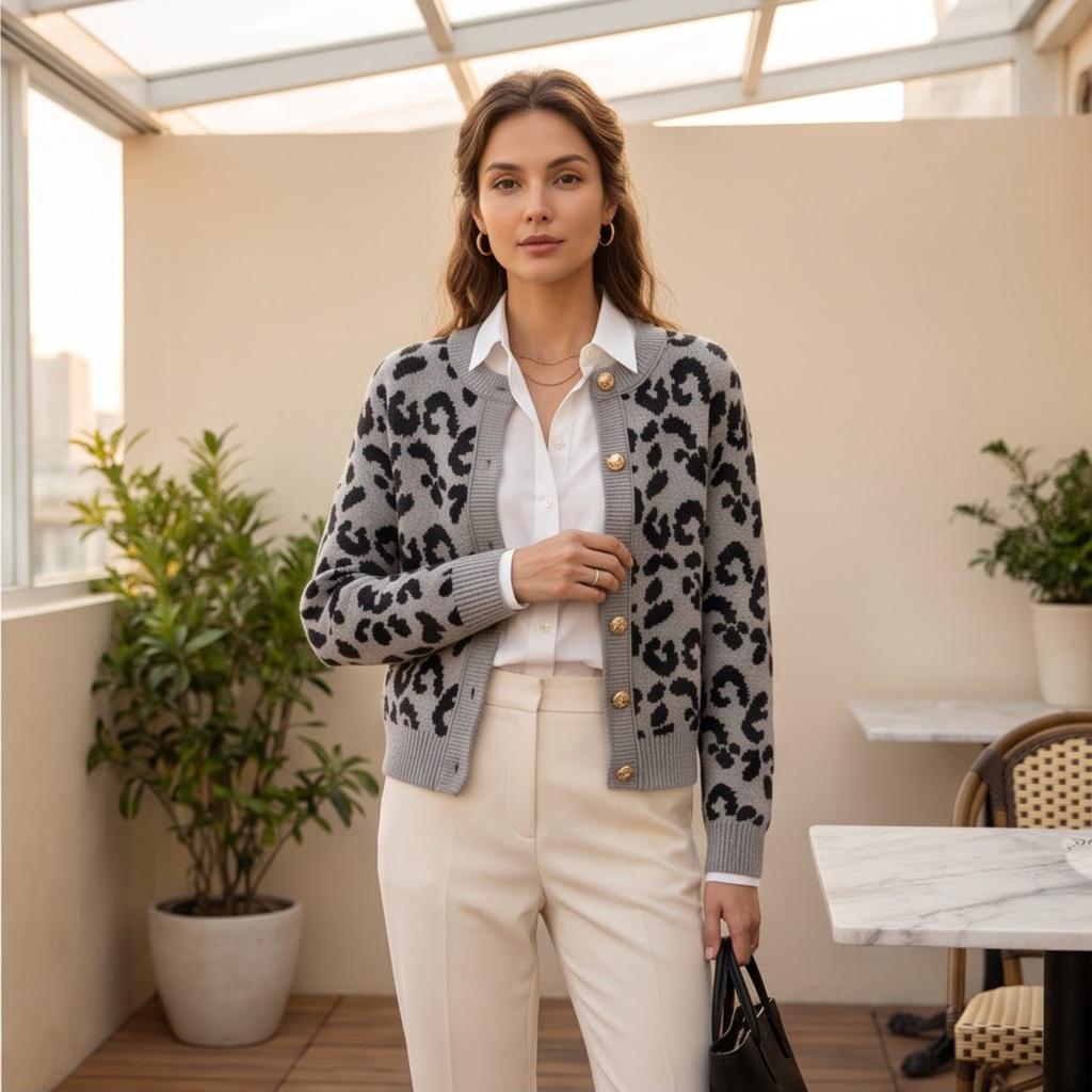 Women's Leopard Print Knit Cardigan Long Sleeve Round Neck Trim Casual Outerwear