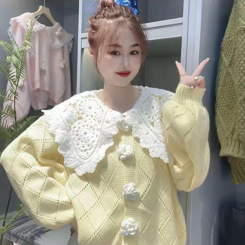 Cardigan Sweater Female Three-dimensional Flower Knitted Lace Embroidery Doll Collar Loose Cute Korean Sweater Cardigan