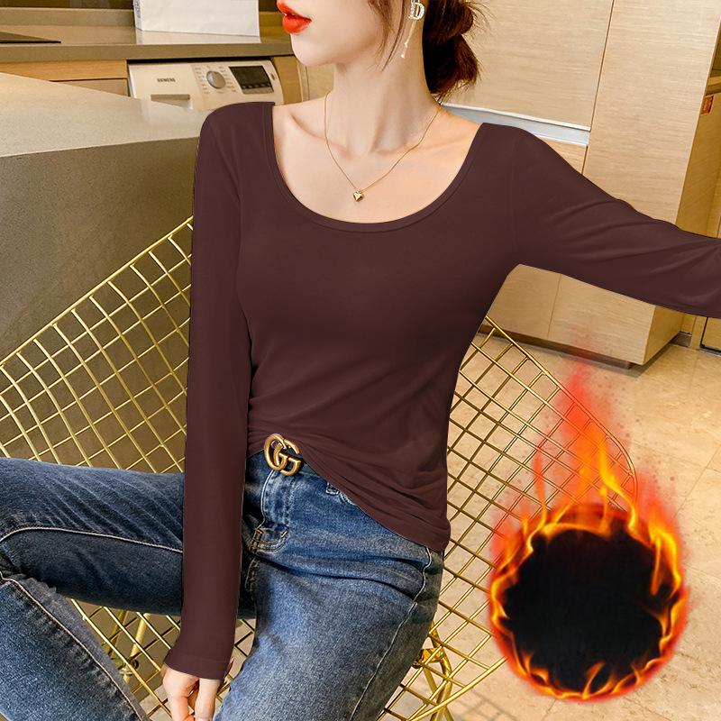 

Женская осенне-зимняя новая бархатная утолщенная футболка с U-образным вырезом и длинными рукавами, термотоп XXL темно-коричневого