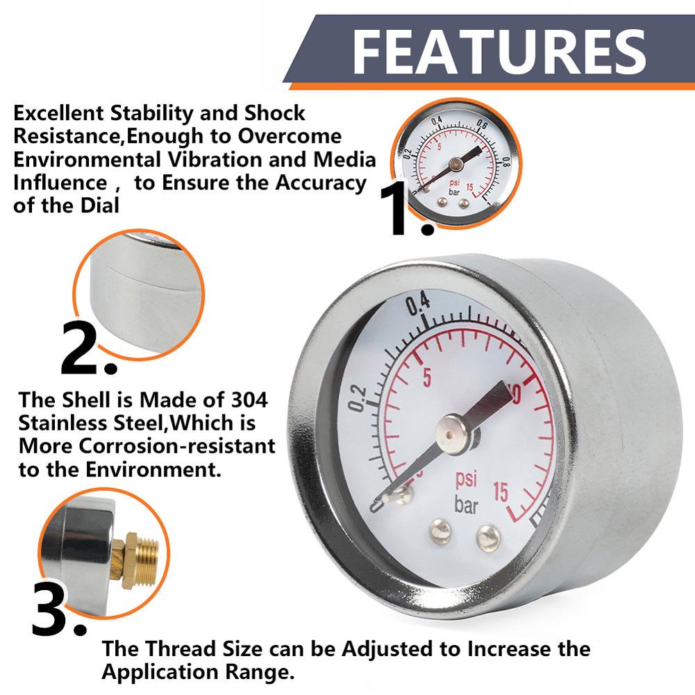 Car Gauge 0-15psi Liquid Filled Pressure Gauge 1/8NPT 3/8NPT Connector Pointer Meter Stainless Steel Case Multifunctional Tool