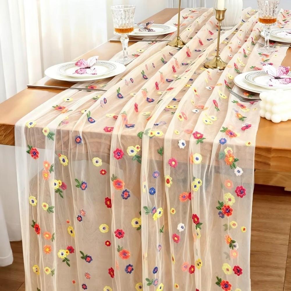 Colorful Flower Lace Tulle Runner Embroidery Daisy Floral Table Cover  for Bridal Shower