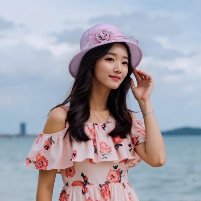 Women's Fashionable Mesh Sun Hat Flower Decoration Portable and Comfortable for Lady, Ideal for Travel