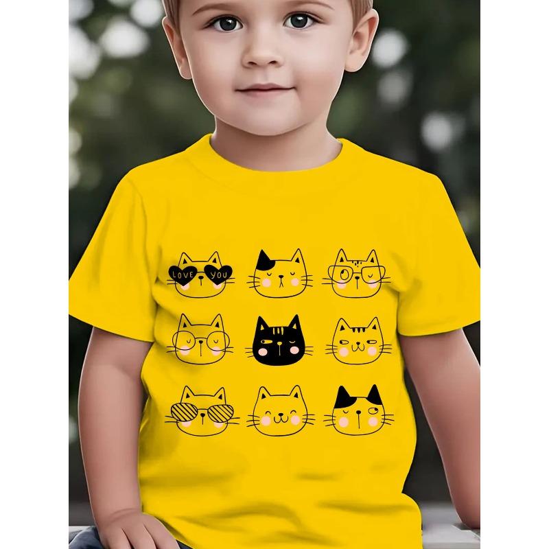 European sizes Summer Boys' Fashion Short Sleeve T-Shirt with Nine-Grid Black And White Kitten Elements Cartoon Pattern Print Outdoor Casual Top