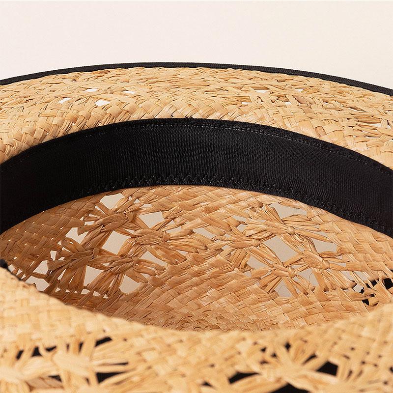New Elegant Women'S Black Bow Straw Hat Hollow Woven Flat Top Sun Hats For Women Summer Beach Travel Beach Vacation Caps