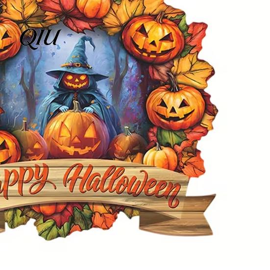 Maple Leaf Halloween Sign Wooden Hanging Decor Sign, Spooky Black Cat Pumpkin Witch Ghost Ornaments Easy Install with Jute Rope, Festive