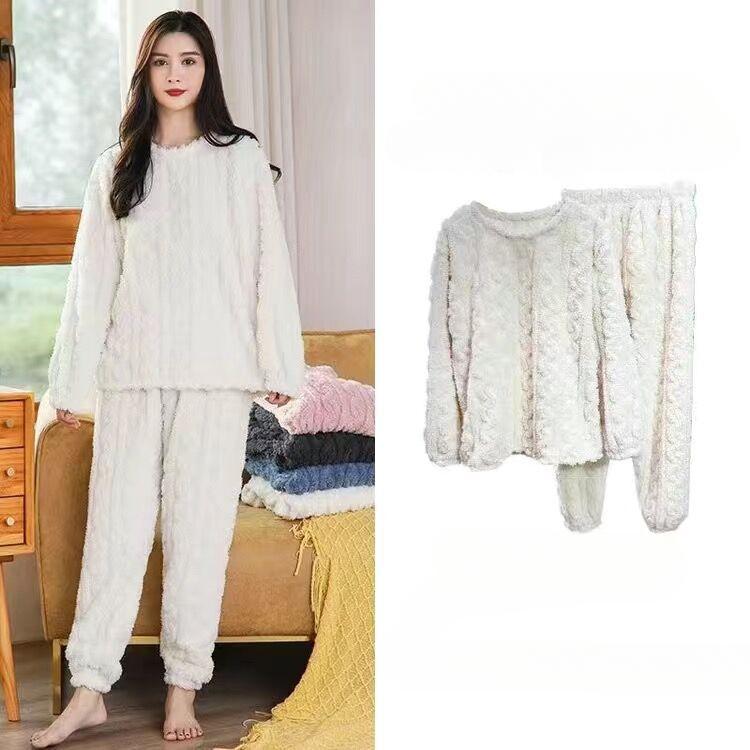 

Coral Fleece Pajama Set Women s Yoga Sets Warm Windproof Jacquard Set Winter Thick Soft Fleece Women s Couple Casual Coldproof One Size білий