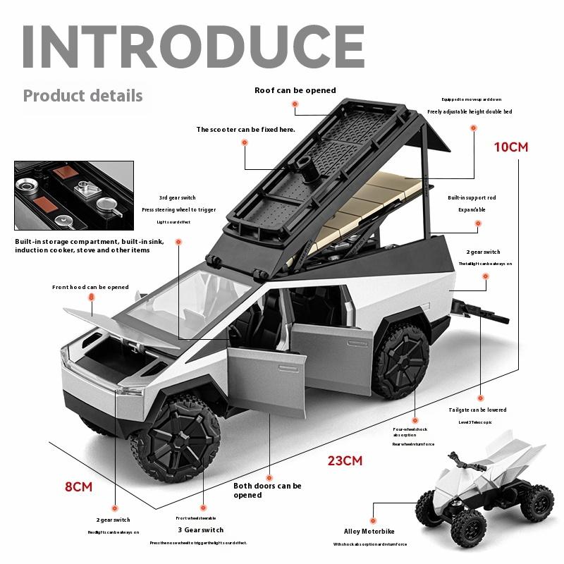 Tesla Cybertruck Camping Pickup mit Motorrad, SUV, Offroad-Modellauto aus Metall im Maßstab 1:24, Sammlerstück, Spielzeug für Kinder