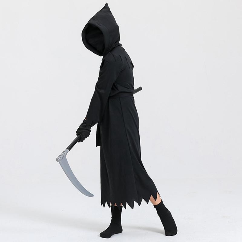 Children's Halloween Cosplay Costume Reaper Costume Set (Jumpsuit Hat Belt Scythe Gloves)