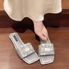 Square head flat bottom slippers women's summer new rhinestone square buckle one word cool slippers women's rhinestone