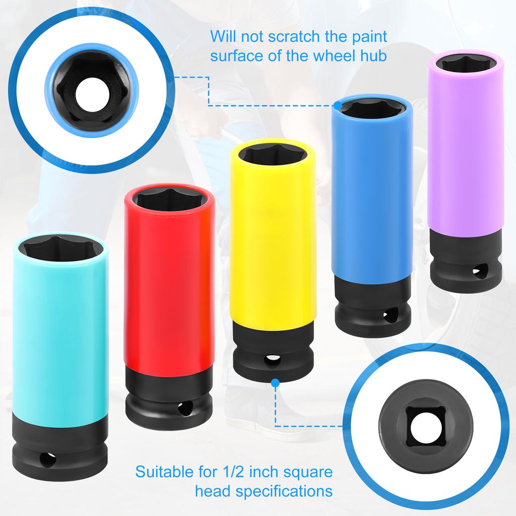 1/2" Drive Lug Nut Socket Set Steel Thin Wall Deep Wheel Protector Impact Socket Set for Car Repair Maintenance 15/17/19/21/22mm