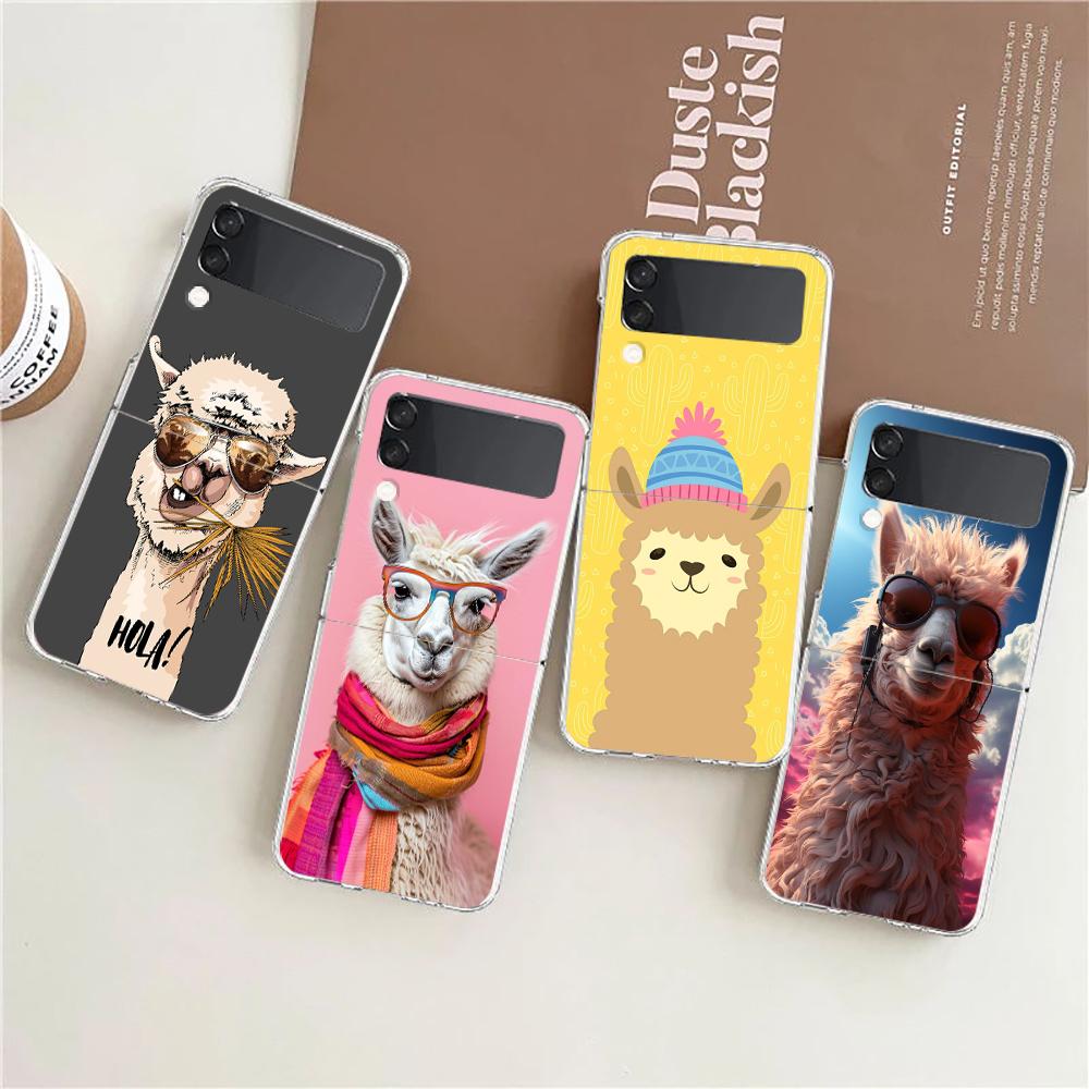 Phone Cover For Samsung Galaxy Z Flip 6 5 4 Case Transparent For Samsung Z Flip 3 Hard PC Foldable Shell Cute Alpaca Donkey Bags