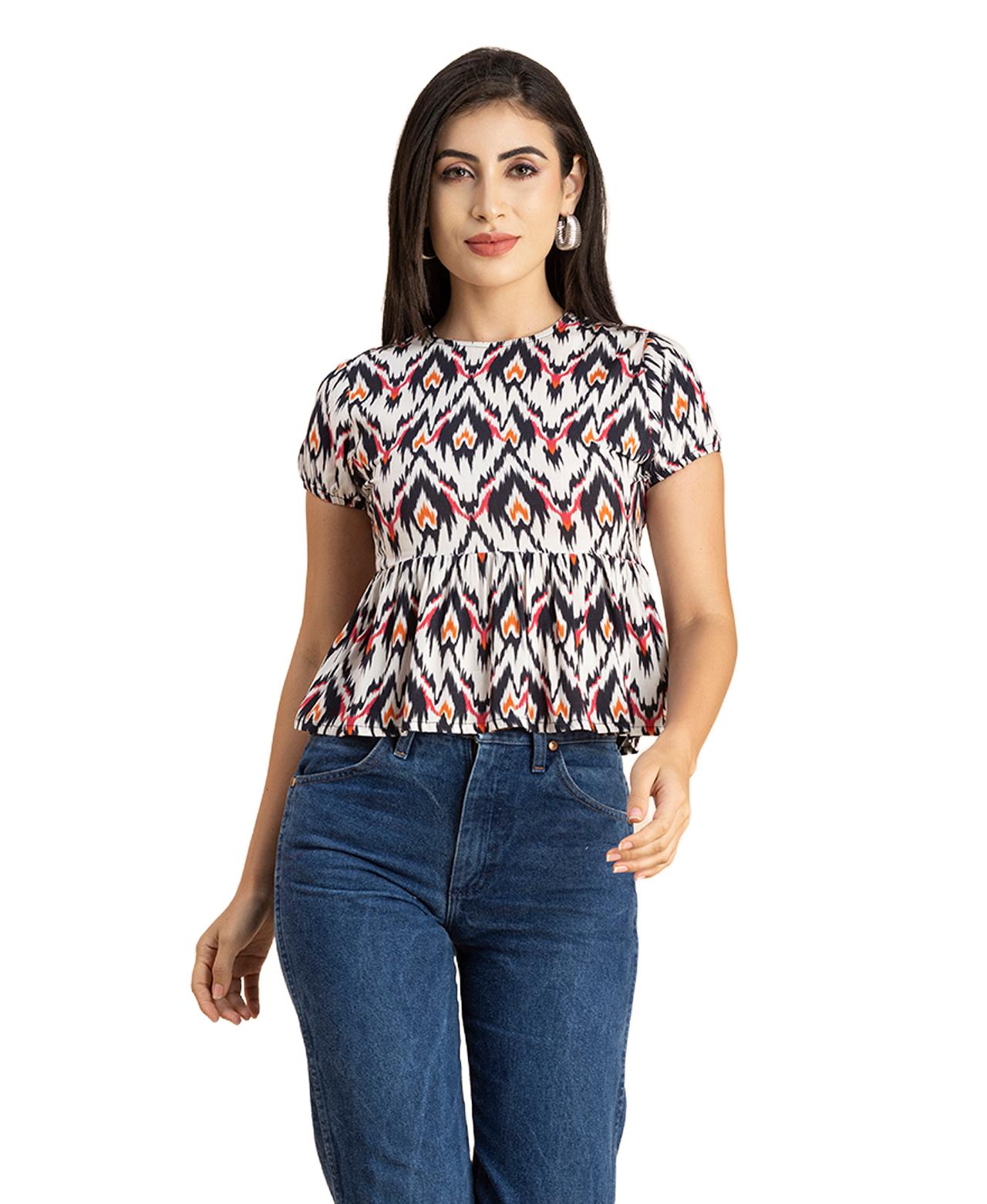 

Жіночий топ із баскою на спині Moomaya, укорочений топ із круглим вирізом із принтом XS білий