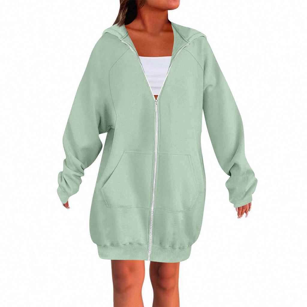 Women's Solid Color Zippered Sweatshirt Top Daily Casual Raglan Long Jacket (Without Hood Drawstring)