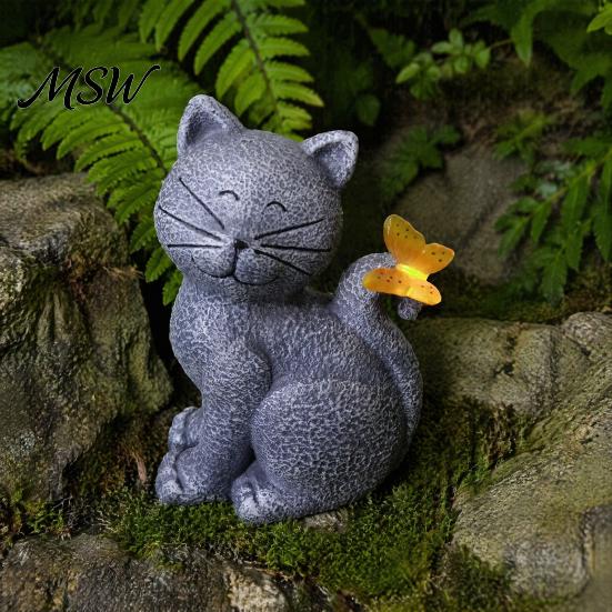 Outdoor Solar Garden Statue Cat Statue, Cute Sculpture with Butterfly Light, Induction Pathway Light Waterproof Resin Animal for Lawn Patio Yard Decor