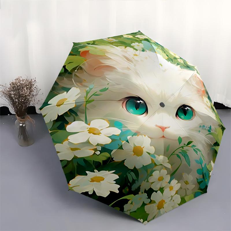 1pc White Cat Cartoon Umbrella, Portable 3-Fold Compact Umbrella, Suitable for Camping, Hiking and Travel, Ideal Easter Birthday Gift for Family