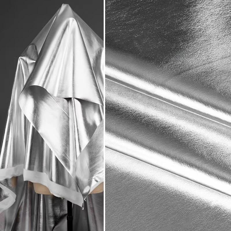 Bright Silver Spandex Double-sided Hot Silver Imitation Leather Fabric Reflective Soft Four-sided Elastic Clothing Fabric 50x148cm серебряный