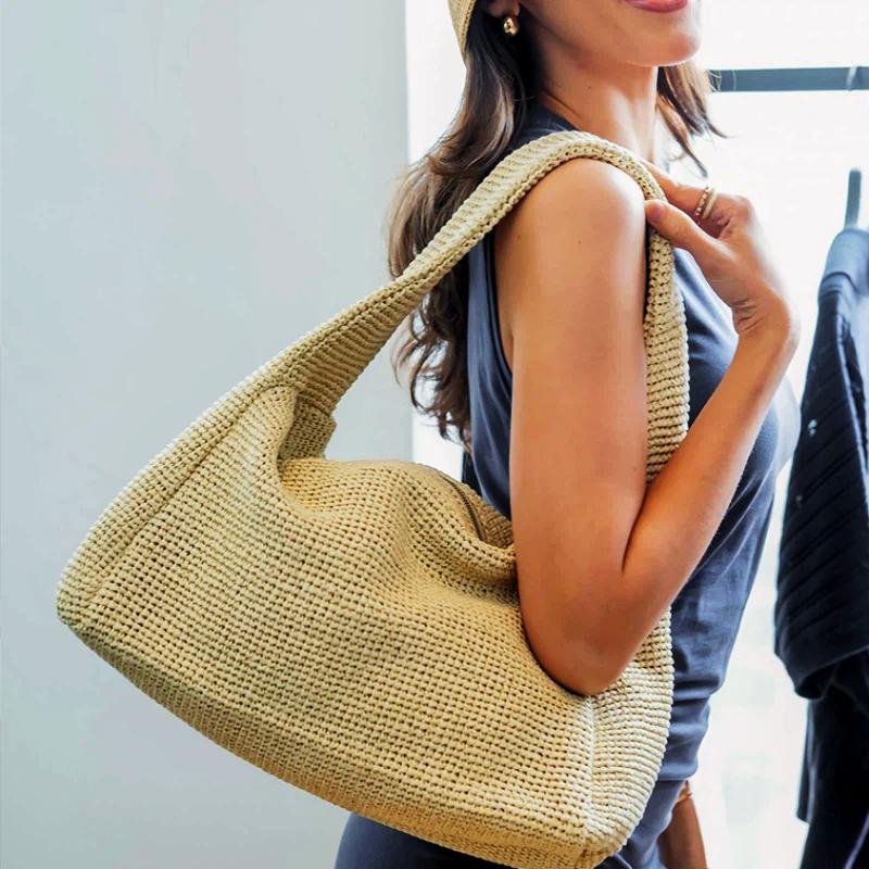 Straw Textured Tote Bag Stylish Beach Vacation Shoulder Bag Zippered Large Capacity Handbag Wide Shoulder Strap Underarm Bag
