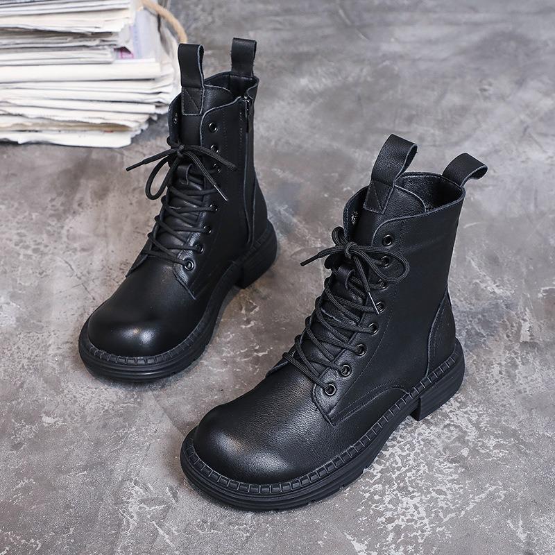Women Genuine Leather Boots Chunky Platform Square Toe Side Zipper Ankle Boots For Women Winter Warm Lace-up Shoes