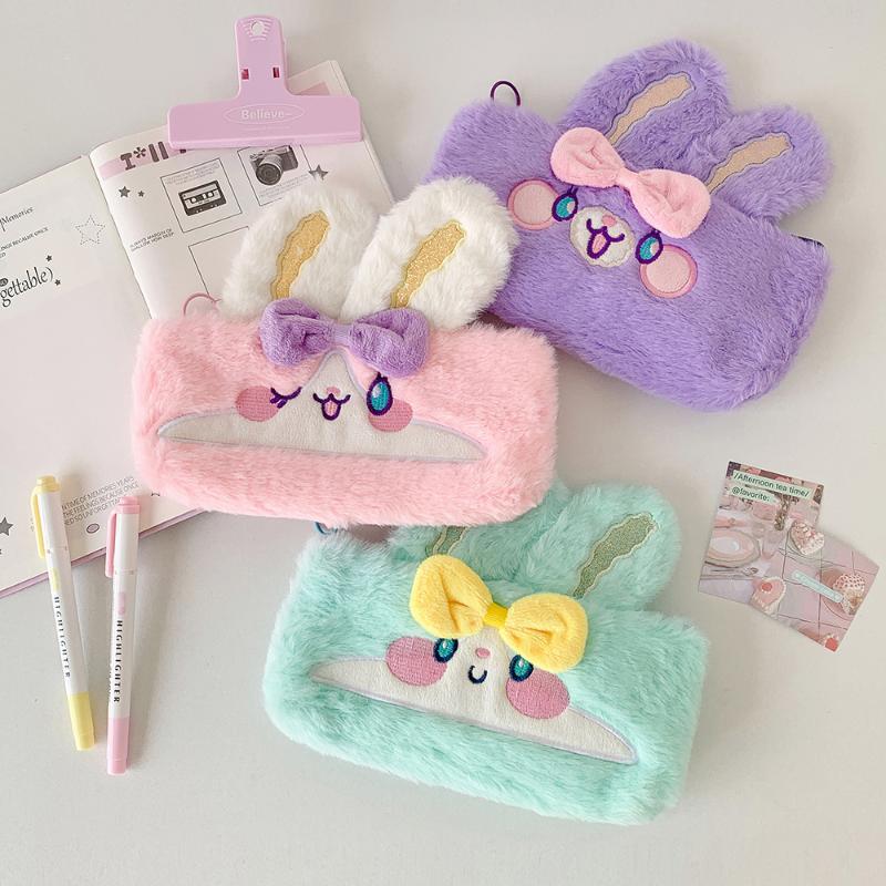 Kawaii Cartoon Plush Rabbit Pen Bag High-Capacity Multi-Function Stationery Case Cute Storage Bag For Student School Supplies