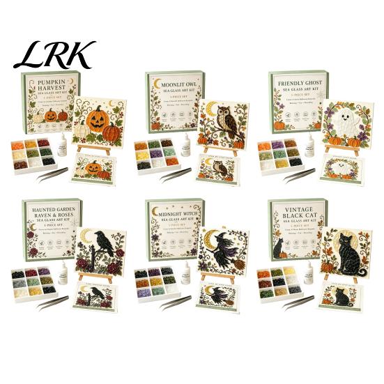 Easy Craft Kit for Beginners Halloween Sea Glass Art DIY Kit, Ghost Black Cat Owl Raven Pumpkin Creative Journey Gift Set Mosaic Set, Beginner