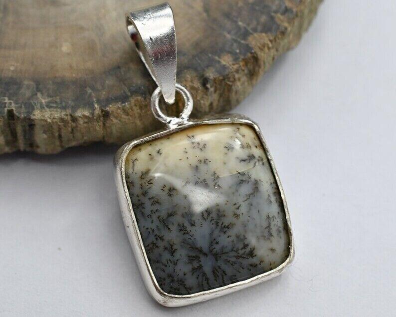 925 Sterling Silver Necklace Natural Dendrite Opal Pendant - Unique Gemstone
