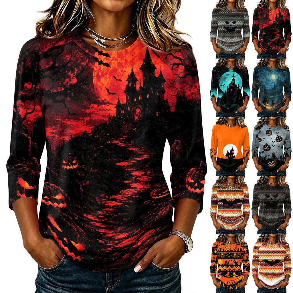 Women's Casual Raglan Sleeve Crew Neck Three Quarter Sleeve Halloween Graphic T Shirt Top for Everyday Wear
