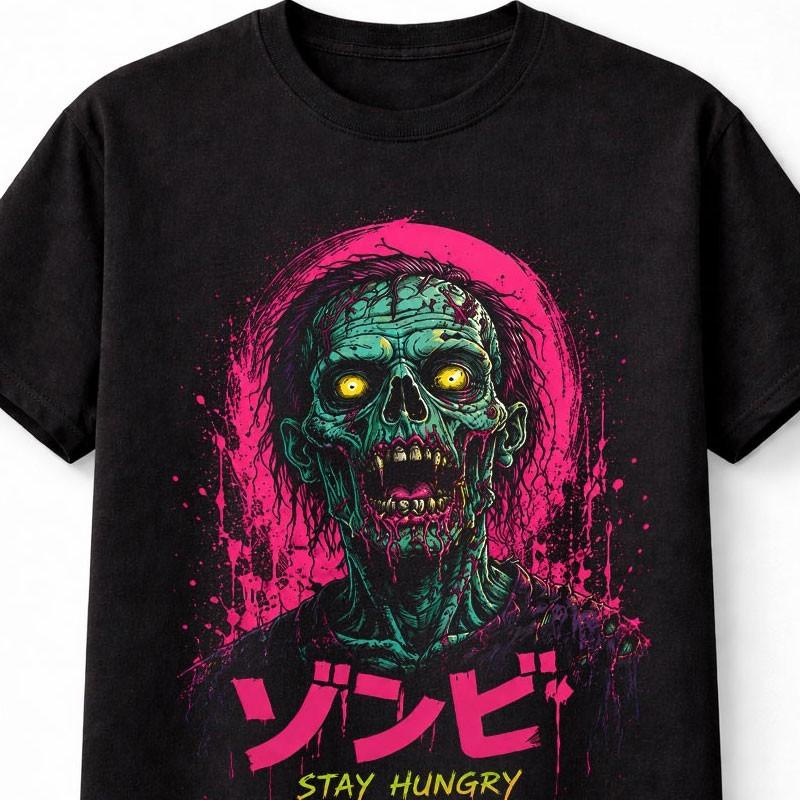Stay Hungry Zombie Horror Skull Japanese Graphic Goth Unisex TShirt