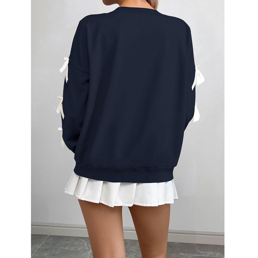 Damskie Jesienno-Zimowe Słodkie Bluzki z Okrągłym Dekoltem i Długim Rękawem, Ozdobione Kokardą, Czerwone Świąteczne Bluzy Top