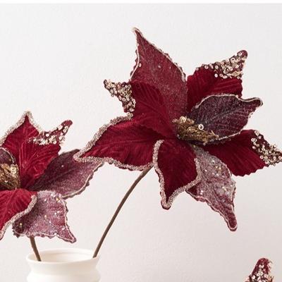 26CM Wine Red Artificial Poinsettia Flower Glitter Sequins Christmas Glitter Flower Sparkling Sequins Flower
