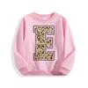 Kids Crewneck Sweatshirt, Black Floral Print with Leopard Letter E Graphic