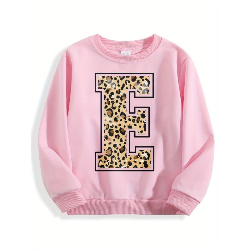 Kids Crewneck Sweatshirt, Black Floral Print with Leopard Letter E Graphic