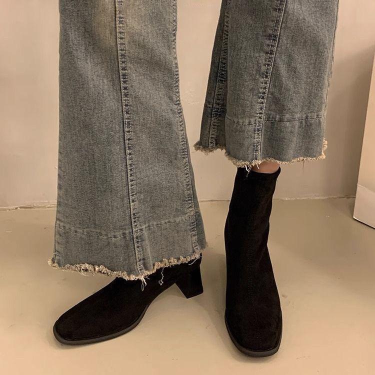 Fashion versatile and comfortable square head thick heel short boots women's 2025 autumn and winter new popular zipper casual thin boots