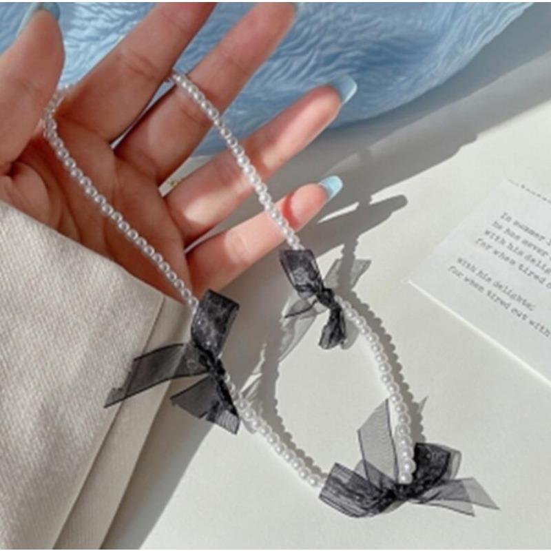 Mesh Bow Pearl Necklace Women's Ins Wind Niche Design Clavicle Chain Neck Chain