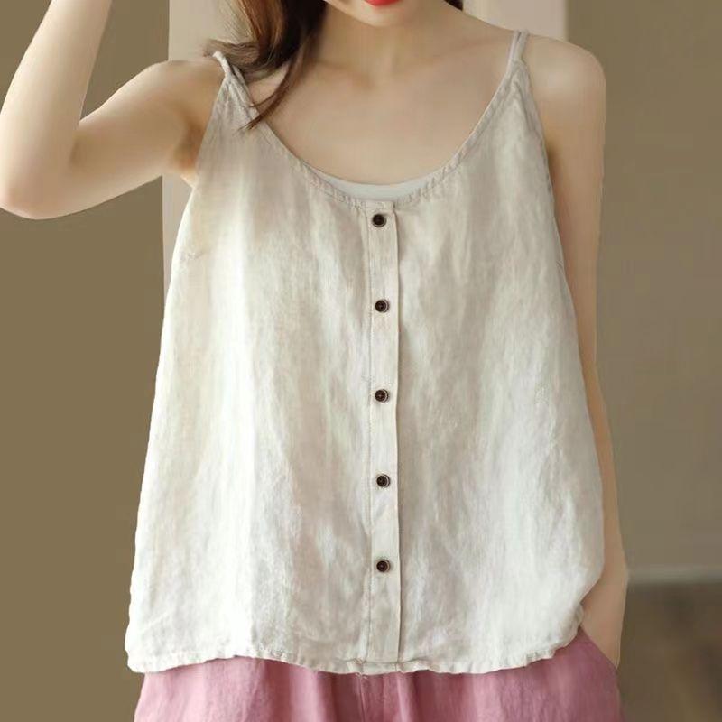 Womens Cotton And Linen Camisole Vest Button Top Summer