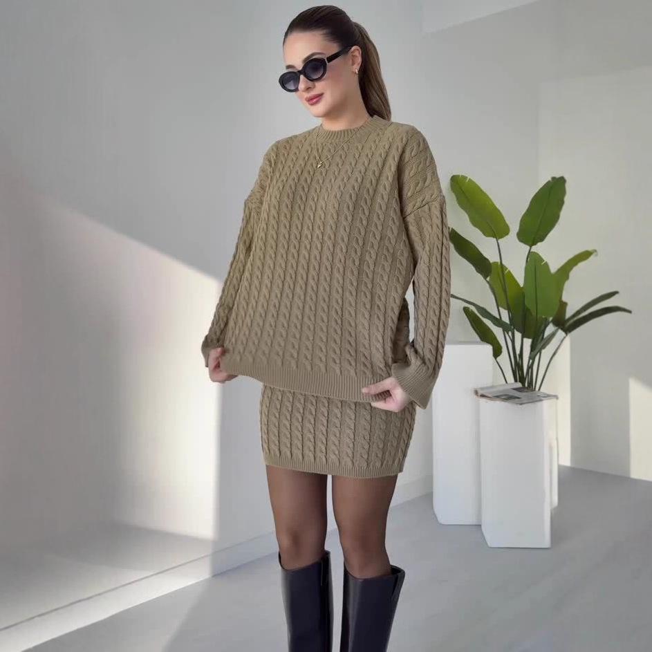 Autumn 2025 Round Neck Knit Sweater and Bodycon Skirt Set for Women