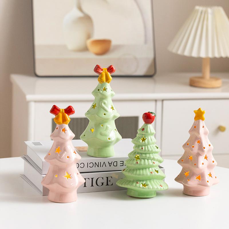 Ceramic Christmas Tree Night Light Xmas Desktop Decoration Ornaments Practical High-End Holiday Gift for Girls - Without Battery