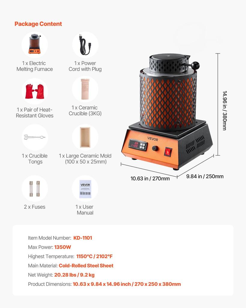 Electric Melting Furnace, 1350W Electric Melting Furnace Kit, 2102/1150 Metal Smelting Machine with 3kg Ceramic Crucible, Gold Smelting Kit for