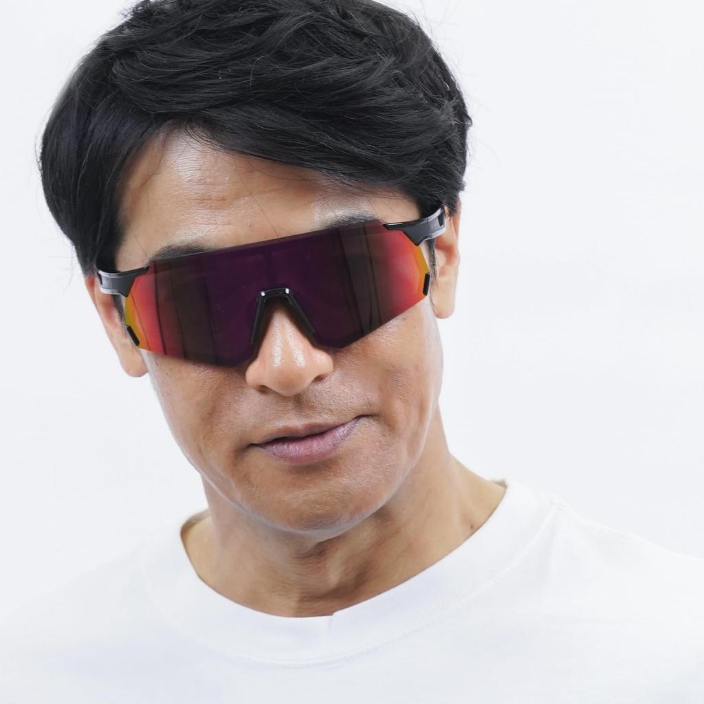 Sports Black Matte Mirror Lens with Red Ribbon A-Fit Men's Sunglasses, Mirror, AF-806-C2