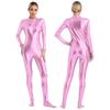Womens Metallic Shiny Zentai Jumpsuit Mock Neck Long Sleeve Front Zipper Full Body Unitard Tights for Dance Performance