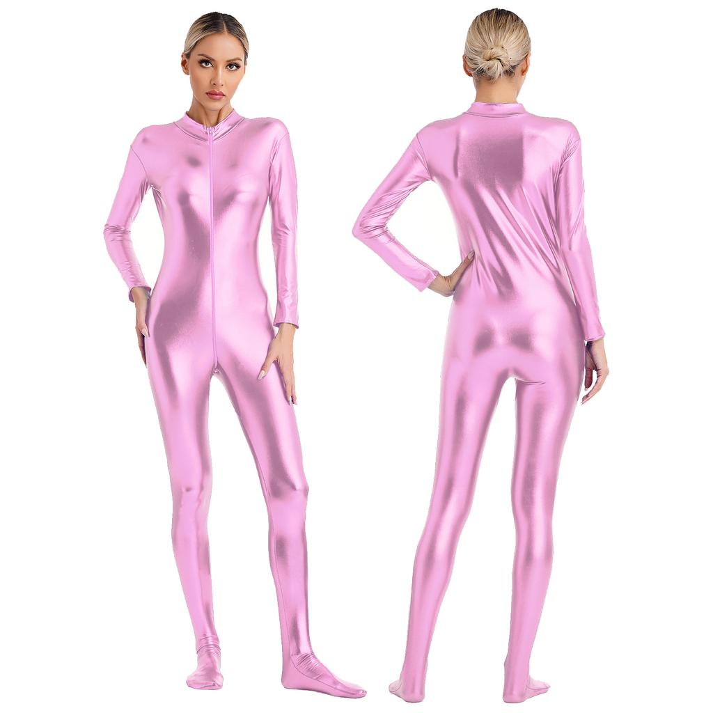Womens Metallic Shiny Zentai Jumpsuit Mock Neck Long Sleeve Front Zipper Full Body Unitard Tights for Dance Performance
