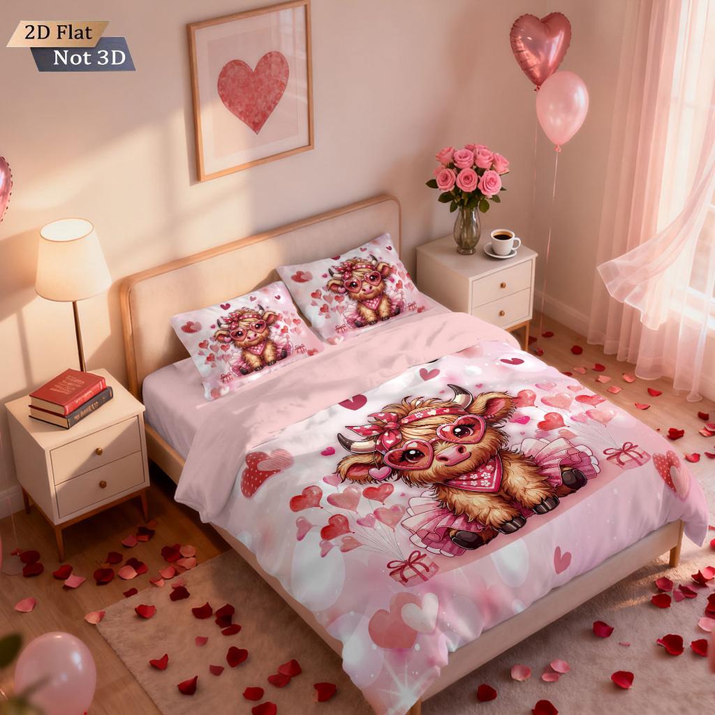 3pc pink Valentine's Day Highland Cow Print Coreless Quilt Set Multi Size Bedroom Dormitory Bedding Decoration Machine Washable