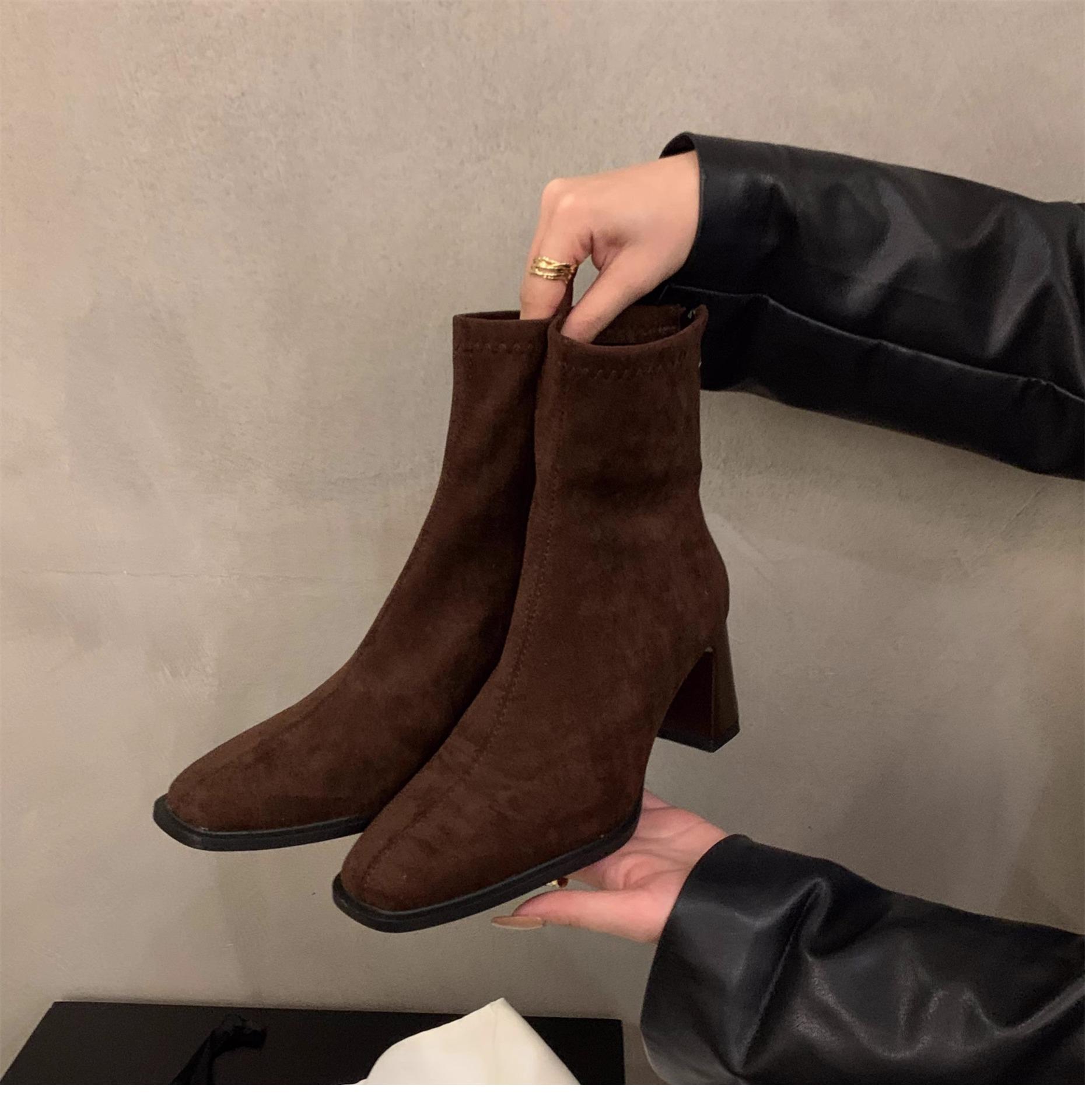 

High-heeled small ankle boots suede Martin boots women s shoes 2025 new autumn and winter velvet square head fashion thin short boots 40
