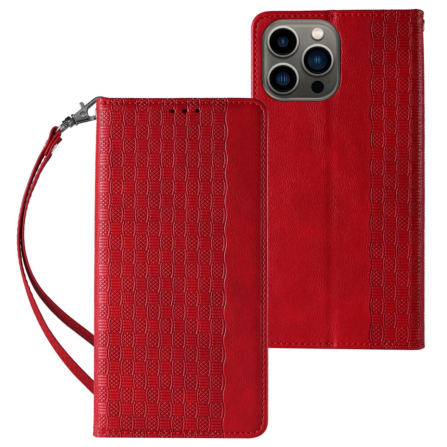 

For iPhone 15 Pro Max Magnetic Closing Imprinted Anti-fall Cover Leather Wallet Stand Phone Case with Strap Red