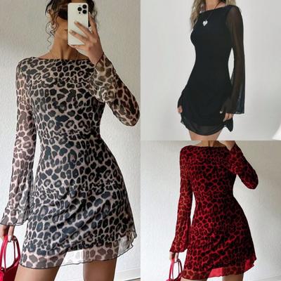 Mode Slash Neck Slim A-Linie Leopardenmuster Sexy Kleider Frauen Hohe Taille Elegante Langarm Freizeitkleid Damen Vintage Sommer Partykleid 25889